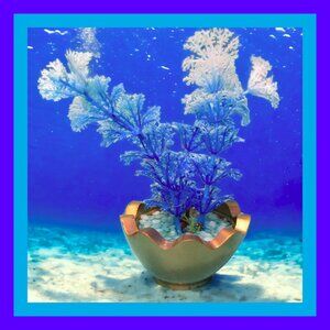 Aquarium Decoration - Gold Fancy Pot with Tall Blue & White Plants.